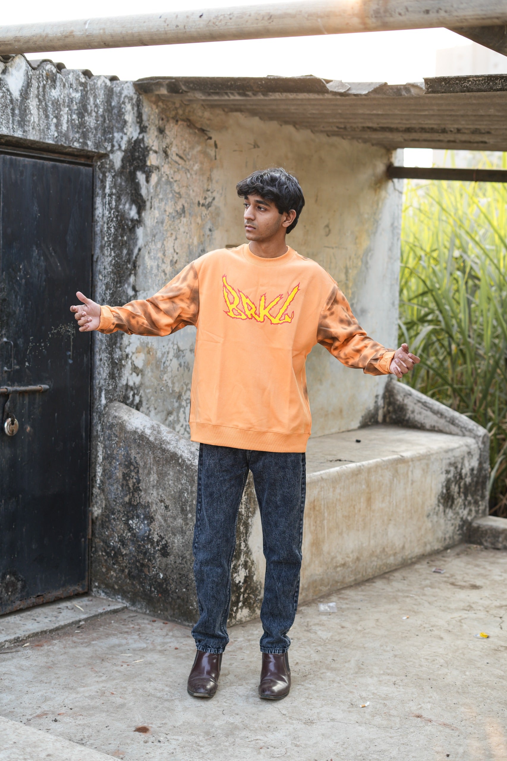 Burnt Clay Combo  (Orange graphic sweatshirt + Charcoal jeans)