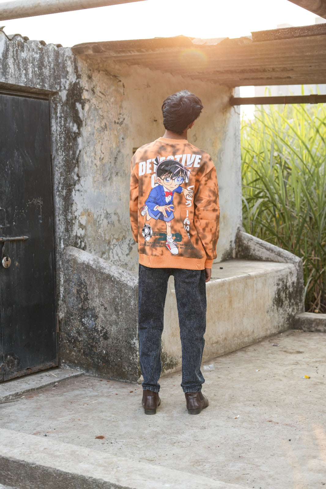 Burnt Clay Combo  (Orange graphic sweatshirt + Charcoal jeans)
