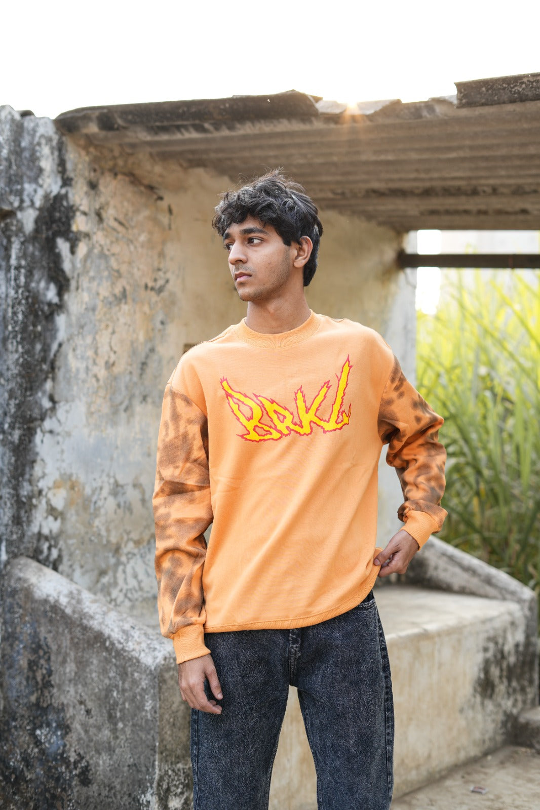 Burnt Clay Combo  (Orange graphic sweatshirt + Charcoal jeans)