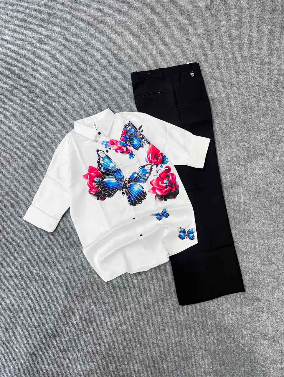 Ivory Monarch Butterfly Shirt & Black Trouser Combo