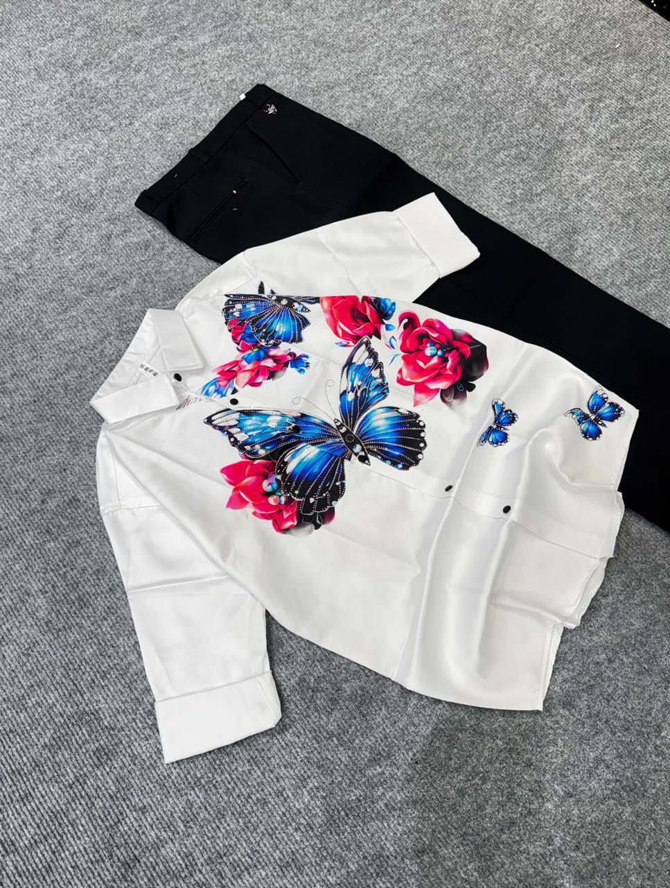 Ivory Monarch Butterfly Shirt & Black Trouser Combo